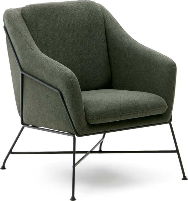 Lænestol Kave Home Brida grøn - polstret stof med sort stålramme, moderne vintage lounge stol