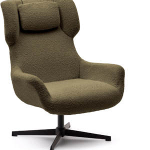 Lænestol Kave Home Zalina - moderne nordisk lounge-stol i grøn shearling med drejefunktion og sort metalstel