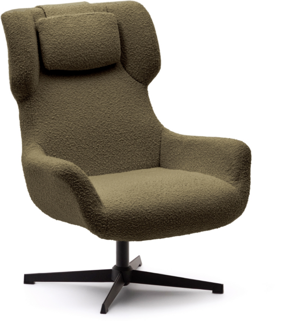 Lænestol Kave Home Zalina - moderne nordisk lounge-stol i grøn shearling med drejefunktion og sort metalstel
