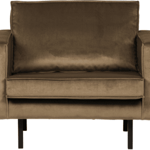 Lænestol WOOOD Rodeo - velour taupe, rummelig lounge, fast komfort, slanke høje ben