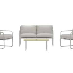 VENTURE HOME Thassos havesofasæt, m. 1 bord, 1 sofa, 2 stole og beige hynder - glas og grå stål