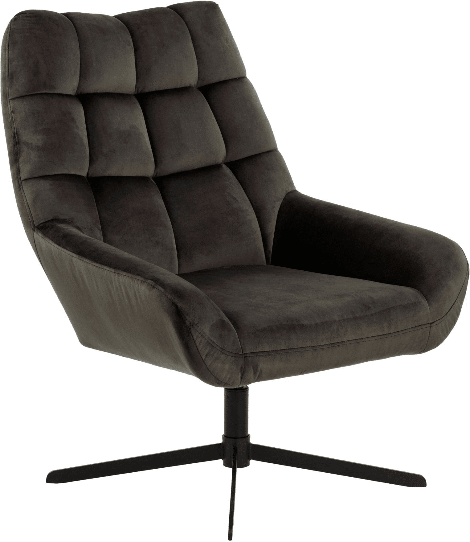 Loungestol lænestol Signature Ravello - gråbrun Vic-stof, quiltet ryg, mat sort 4-stjernet stålstel med drejefunktion